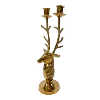 Vintage Brass Deer Stag Double Candlestick Holder For Sale