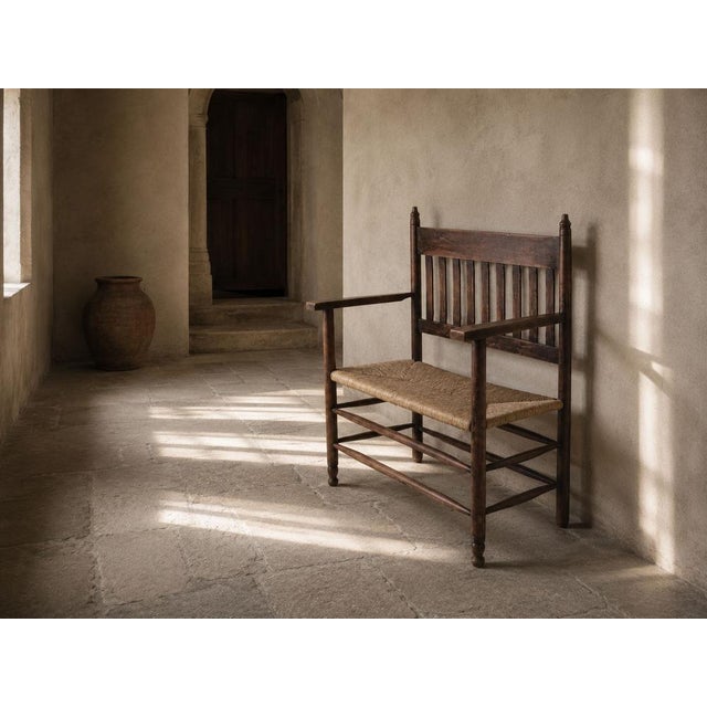 Antique Dutch Arts and Crafts Wooden Bench with Woven Rush Seat, 1900 For Sale - Image 3 of 14