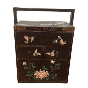 Mid 20th Century Vintage Large Chinoiserie Black Wedding/Jewelry Box Decorated With Butterfly and Roses