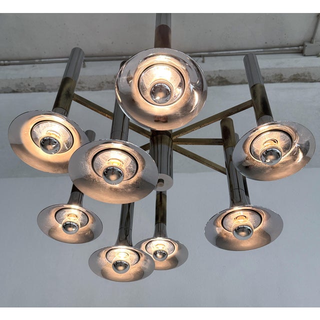 Large Italian Chrome and Brass Trumpet Chandelier attributed to Lumi Milano, 1970s For Sale - Image 12 of 18