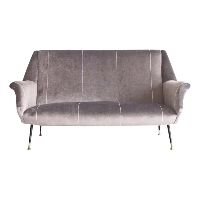 Italian Grey Velvet Sofa with Black Lacquered Brass Feet, 1950s For Sale