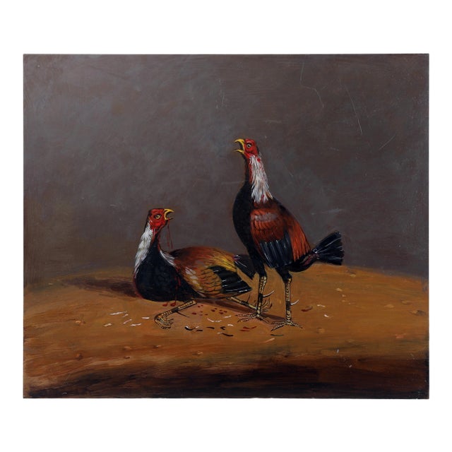 Traditional Painting of Two Roosters in a Fight on Iron - Part 3 For Sale