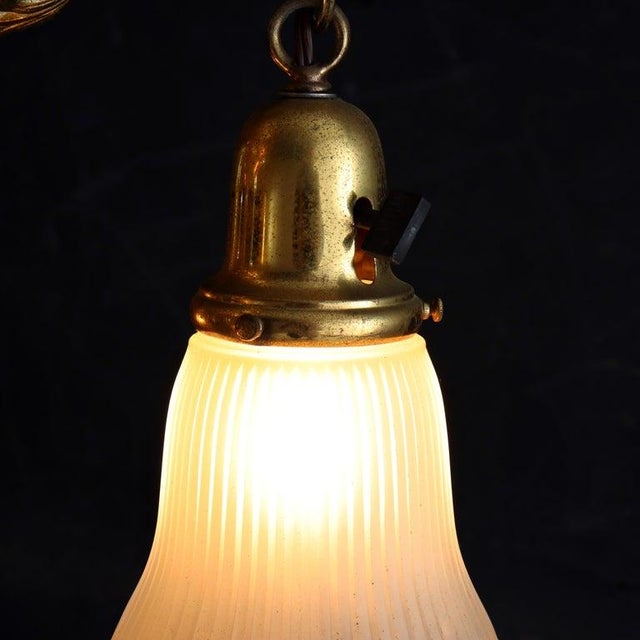 1930s Antique Brass 3-Light Chandelier With Opalescent Glass Shades C1930 For Sale - Image 5 of 10