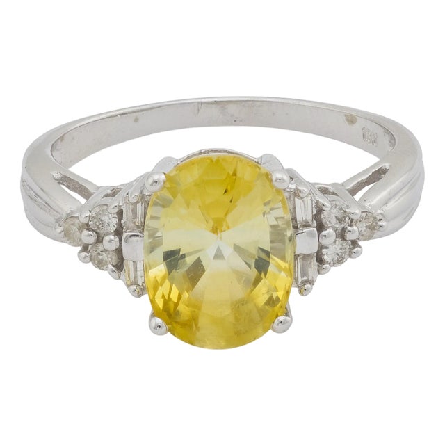 1950s Gia 3.90 Carat Ceylon No Heat Yellow Sapphire Diamond 10k White Gold Ring Size 8.75 For Sale