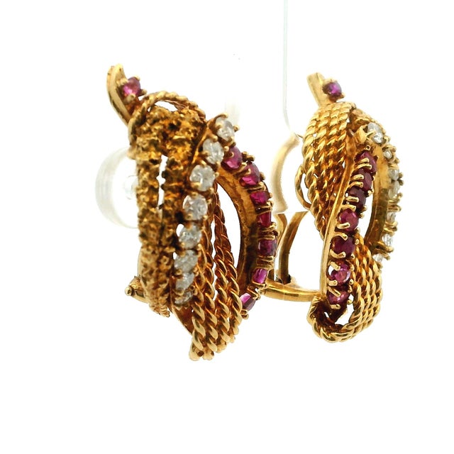 Vintage Cherny Diamond and Ruby 18k Gold Sculptural Earrings, A Pair For Sale - Image 4 of 14