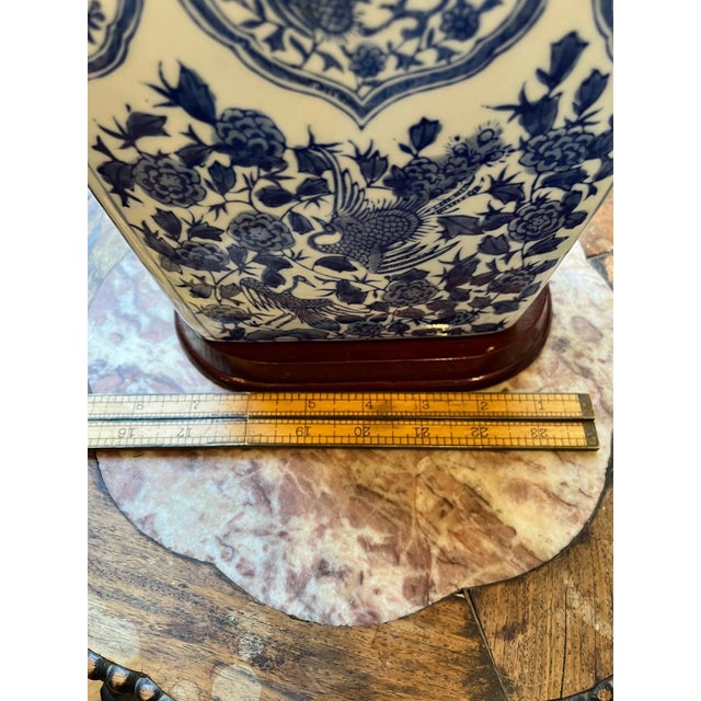 Mid 20th Century Large 10.5" Chinese Blue & White Moon Flask Vase & Stand - Phoenix & Peony Decor For Sale - Image 10 of 11