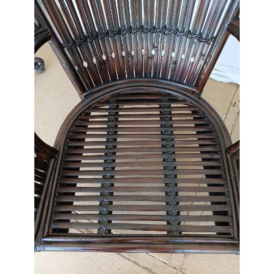 1980s Dark Brown Wicker Rattan Armchairs High Rounded Backs and Open Side Cutouts Set of 2 For Sale In Naples, FL - Image 6 of 7