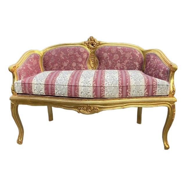 1970s French Louis XVI Gilt Gold Damask Settee 1 Pc For Sale