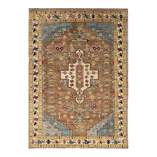 9x12 Brown Hand-Knotted Wool Stepped Medallion Geometric Modern Carpet Rug For Sale