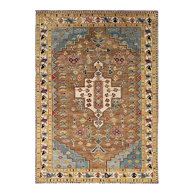9x12 Brown Hand-Knotted Wool Stepped Medallion Geometric Modern Carpet Rug For Sale