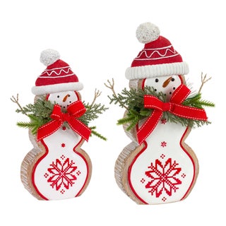Nordic Snowflake Snowman Figurine with Pine Bow Accent (Set of 2) For Sale