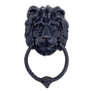 Vintage Black Enameled Brass Lion Head Door Knocker For Sale