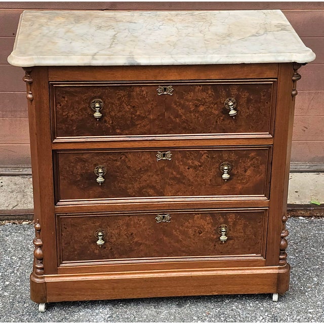 Mid 19th Century 19th Century French Louis Phillipe Burl Walnut Marble Top Rolling Commode Chest of Drawers For Sale - Image 5 of 13