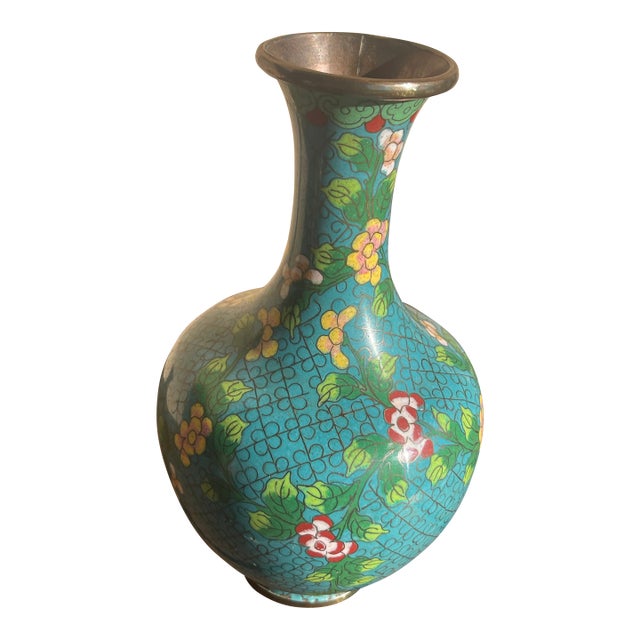 Mid Century Chinese Cloisonné Teal Enamel Vase For Sale