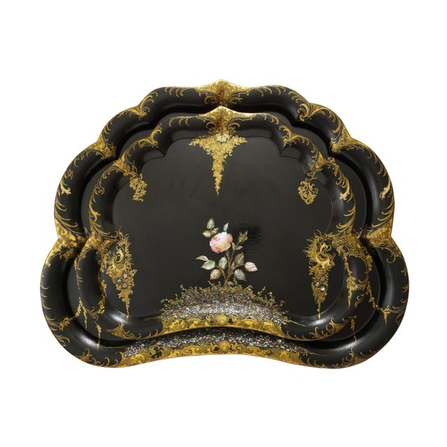 Paper Antique English Large Papier Mache Tray Mother of Pearl Wisteria Parlor Maid Tray For Sale - Image 7 of 7