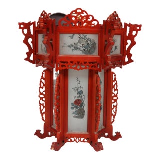 Vintage Asian Red Painted Lantern With Scenic Panels For Sale