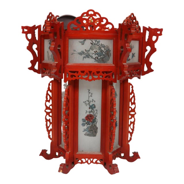 Vintage Asian Red Painted Lantern With Scenic Panels For Sale