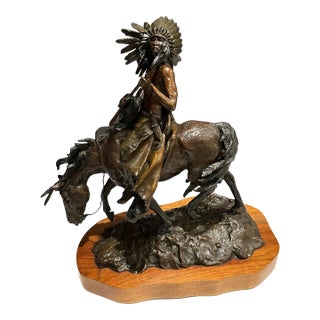 Late 20th Century Daro Flood, Native American On Horseback Bronze Sculpture Daro Flood 1980's For Sale