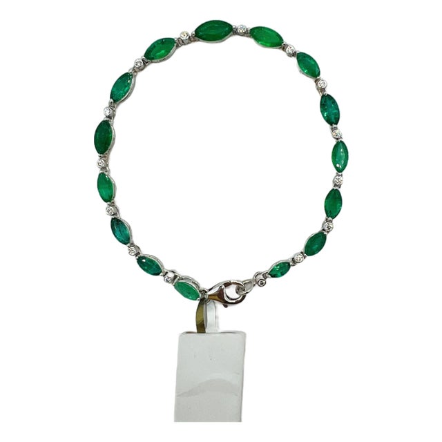 Emerald Marquise and White Round Diamond Bracelet in 18k White Gold For Sale