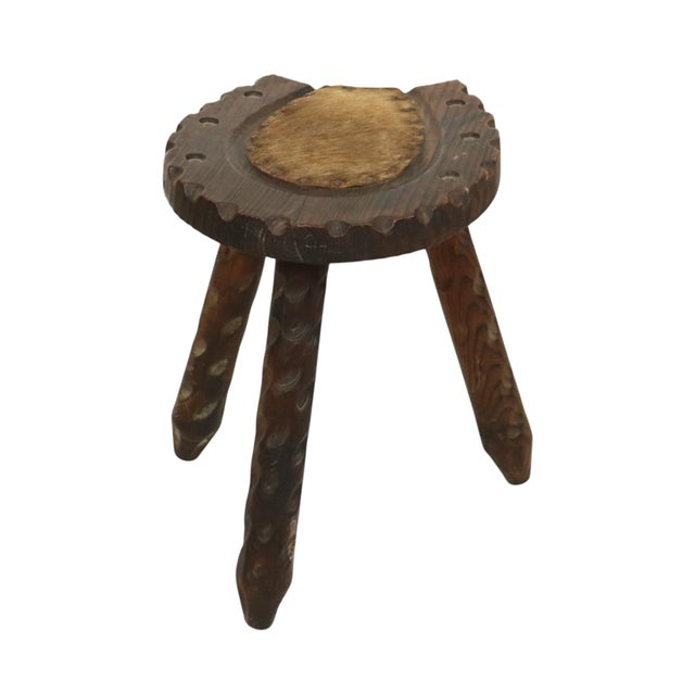 Nice Spanish solid wood milk stool, authentic tripod stool in the typical Brutalist style, the seat is shaped like a...
