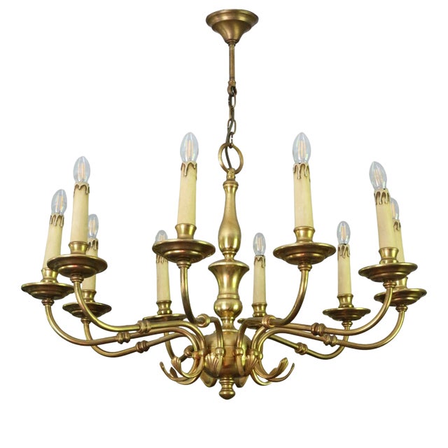 Large Vintage Ormolu Brass Chandelier with Ten Lights and Arms, 1960 For Sale