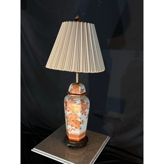 Chinoiserie Vintage Chinoiserie Porcelain Table Lamp With Terracotta Floral Motif and Pleated Shade For Sale - Image 3 of 10