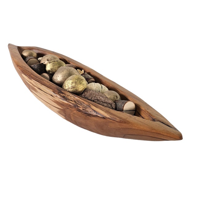 Farmhouse Primitive Hand Hewn Teak Wood Centerpiece Boat Shaped With Filler For Sale - Image 3 of 8
