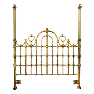 Antique English Victorian Solid Brass Full Size Headboard, Tall Post, 100% Brass, Arched Scrollwork C. 1890s For Sale