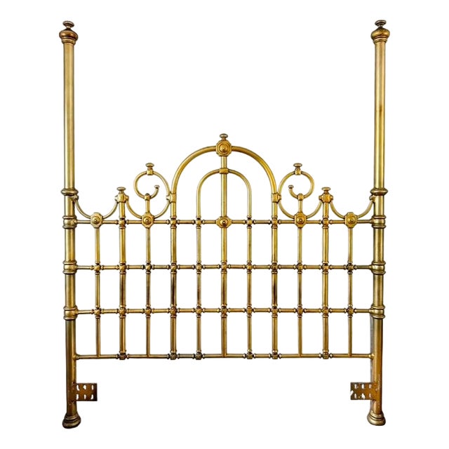 Antique English Victorian Solid Brass Full Size Headboard, Tall Post, 100% Brass, Arched Scrollwork C. 1890s For Sale