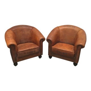 La Petite Bateau Patisserie Heavily Patinated French Leather Vintage Inspired Club Chairs - a Pair For Sale