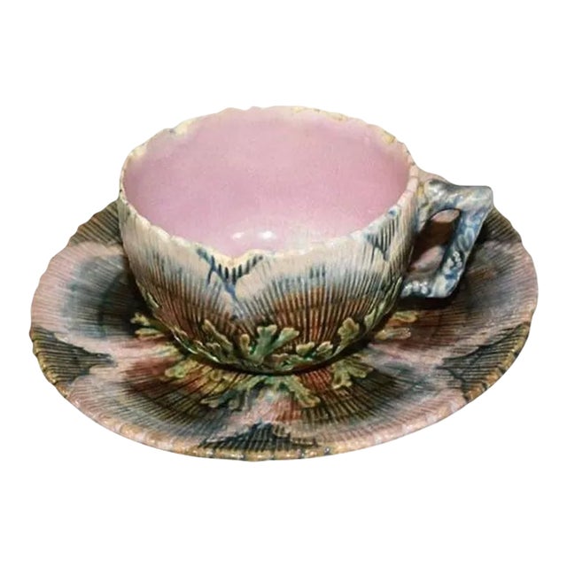 Antique Etruscan Seaweed Griffin Smith Hill Majolica Tea Cup and Saucer 19th Century For Sale