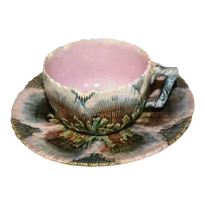 Antique Etruscan Seaweed Griffin Smith Hill Majolica Tea Cup and Saucer 19th Century