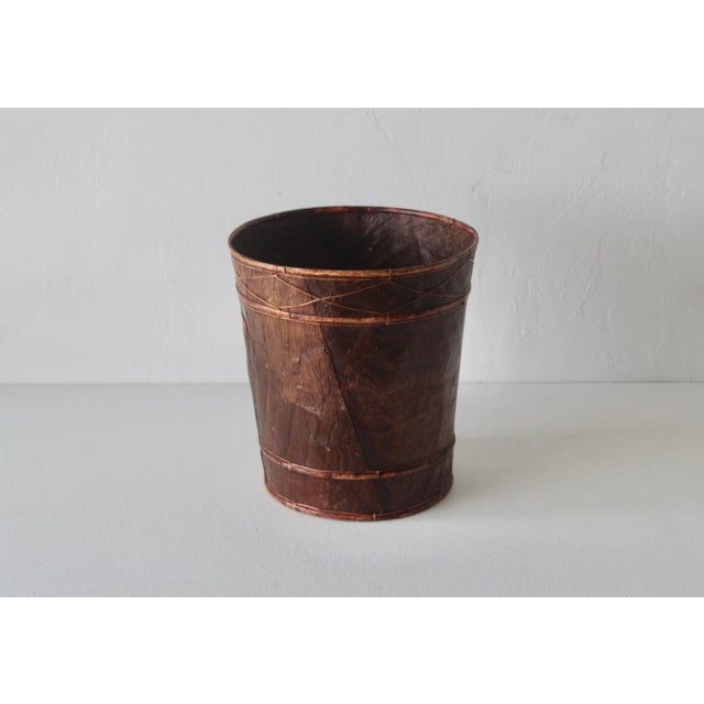 Vintage Handcrafted Burnt "Tortoise" Shell Bamboo Paper Wastebasket. Constructed from natural bamboo and bark, showcasing...