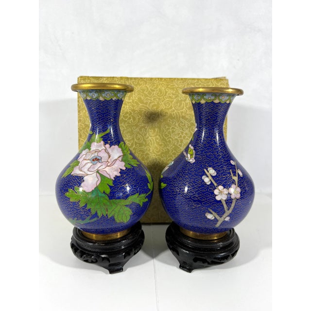 Wood 1980's Blue Cloisonné Vases With Pink Peonies and Cherry Blossoms , a Pair, Boxed, Wood Stands For Sale - Image 7 of 7