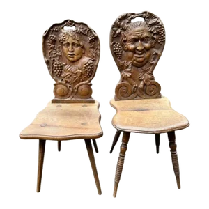 Early 1900s Pair of God and Goddess of Wine Cellar Wood Carved Chairs