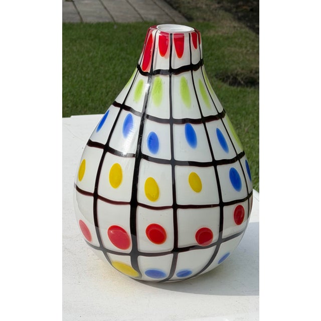 Glass Vintage 11” Graphic Grid Pattern Art Glass Vase For Sale - Image 7 of 11