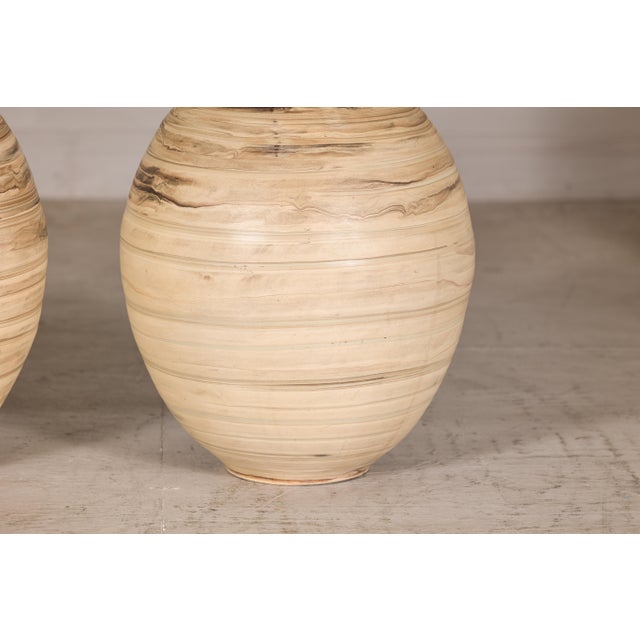 Late 20th Century Large Artisan Ceramic Floor Vases with Cream and Brown Swirled Glaze (Sold Each) For Sale - Image 16 of 18