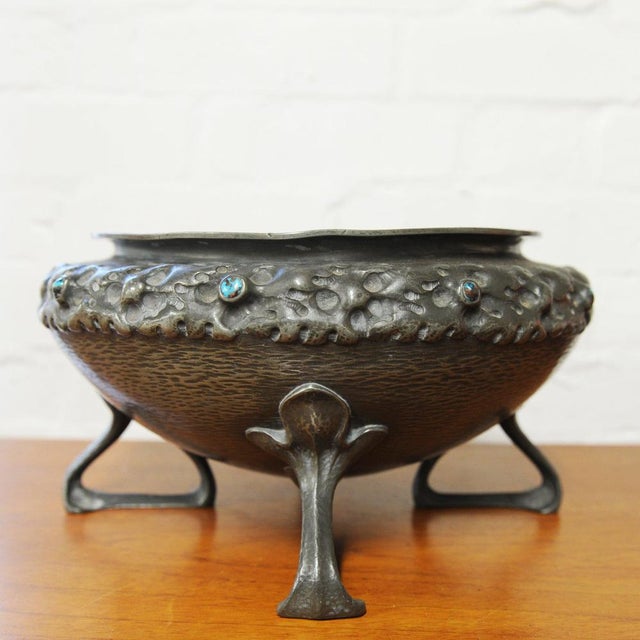 Antique Arts and Crafts Textured Pewter Bowl with Inlaid Enamel from Liberty & Co, 1900s For Sale - Image 4 of 6