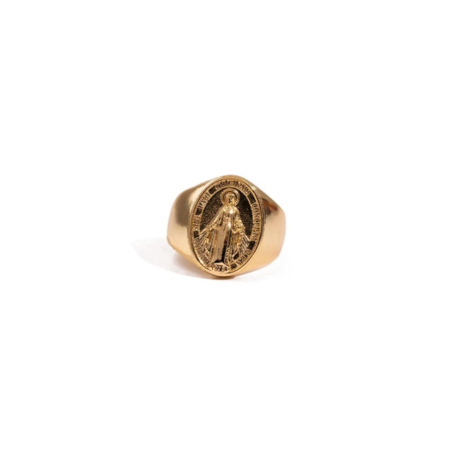 Carry a timeless symbol of faith, love, and divine protection with the Divine Protection Virgin Mary Gold Vermeil Ring....