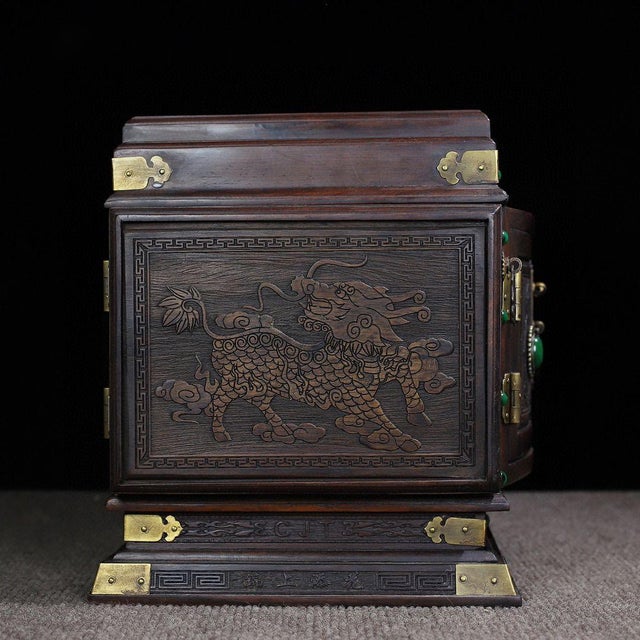 1970s Wood Jewelry Box With Dragon & Phoenix Carving and Gemstone Inlay For Sale In Los Angeles - Image 6 of 10