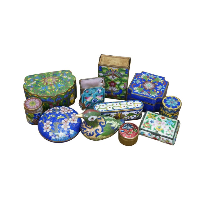 Eleven vintage cloisonne boxes. Dimensions: Largest - 2.6" x 1.8" x 1.25" / Smallest - 1" x 0.6" (W x D x H)