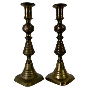 Pair of Antique English Solid Brass Beehive Candlesticks
