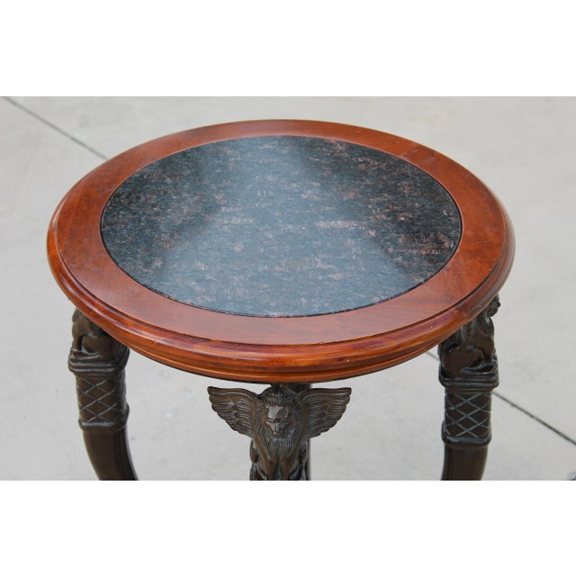 Wood Mid-Century Egyptian Revival Style Round Stone-Top Accent Table With Sculptural Winged Griffins. For Sale - Image 7 of 12