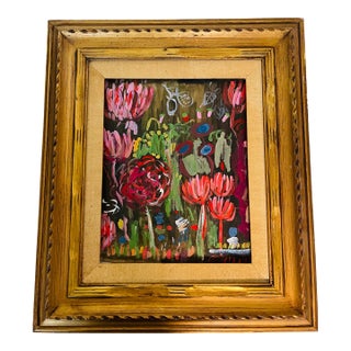 1970s Abstract Floral Modern Painting Artist Signed in Antique Frame For Sale
