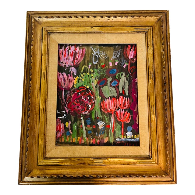 1970s Abstract Floral Modern Painting Artist Signed in Antique Frame For Sale