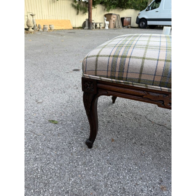 French Newly Upholstered Plaid French Bench For Sale - Image 3 of 11