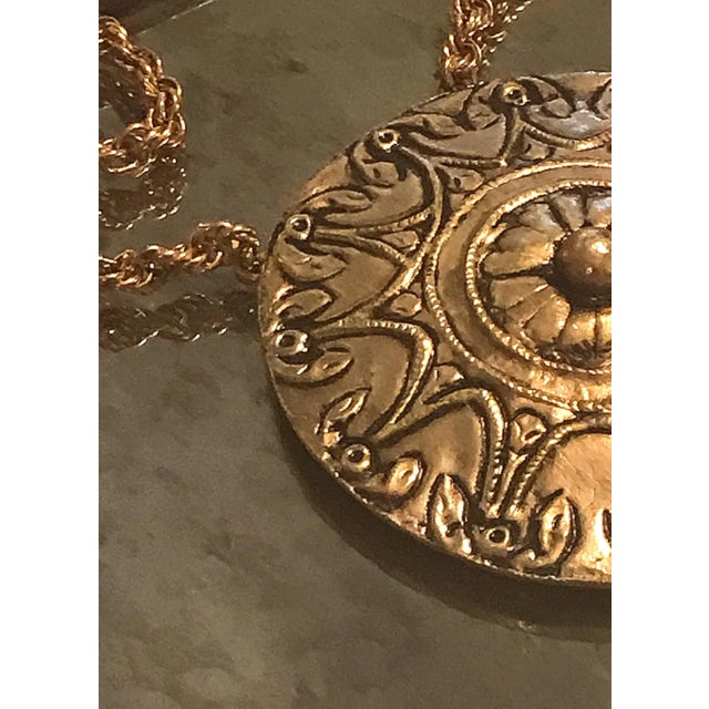 Smart Accessocraft large necklace...burnished etched gold...3 dangles...marked Accessocraft...nice heavy weight to this...