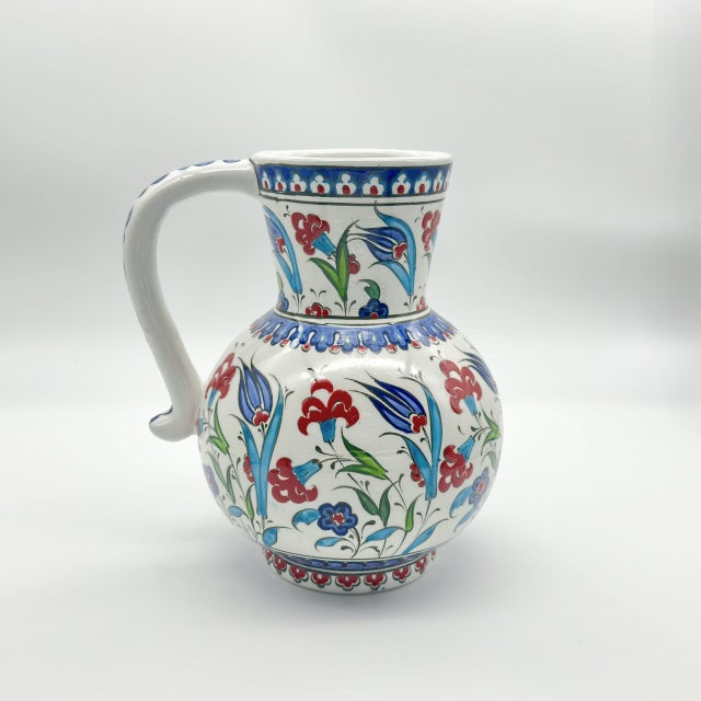 Handmade Ceramic Pitcher Vase (20cm) Classic Red Carnation and Blue Tulip Pattern For Sale - Image 11 of 11