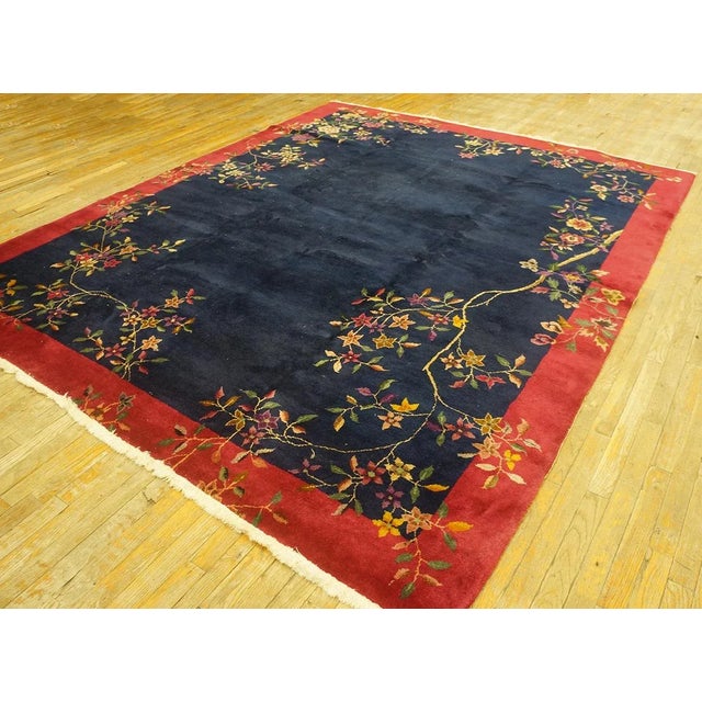 1920s Navy Blue Floral Antique Chinese Art Deco Carpet 7' 10'' X 9' 7'' Knotted Pile Wool Rug For Sale - Image 12 of 12