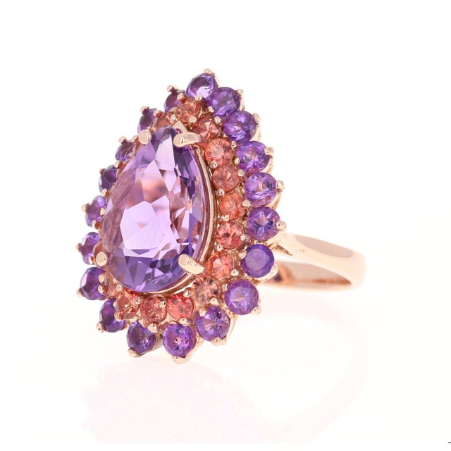 Contemporary 8.90 Carat Amethyst Sapphire Pear Cut Rose Gold Cocktail Ring Size 7 For Sale - Image 3 of 8